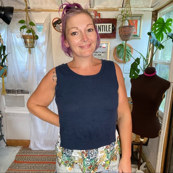 Anthropologie MOTH Navy Blue Sleeveless sweater attached MultiColor Lace Small - Picture 6 of 17